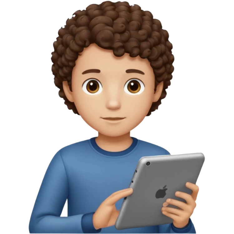 boy with short curly hair with tablet emoji