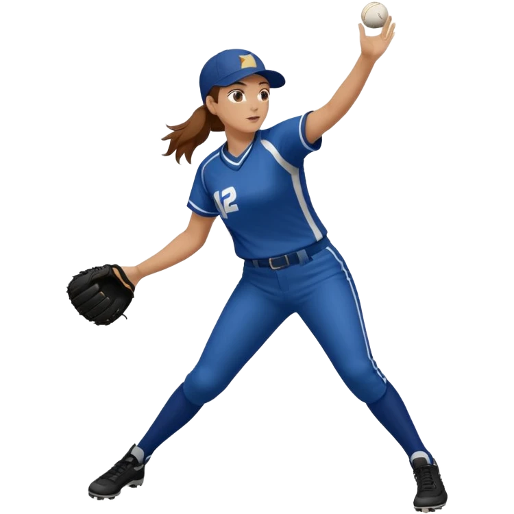 Softball pitcher pitching the ball from side view with brown hair and dark blue jersey and no hat emoji
