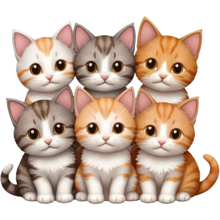 6 tiny kittens cuddling together all different colours, the first one is grey and white, the second is ginger and white and the third is brown tabby and white emoji