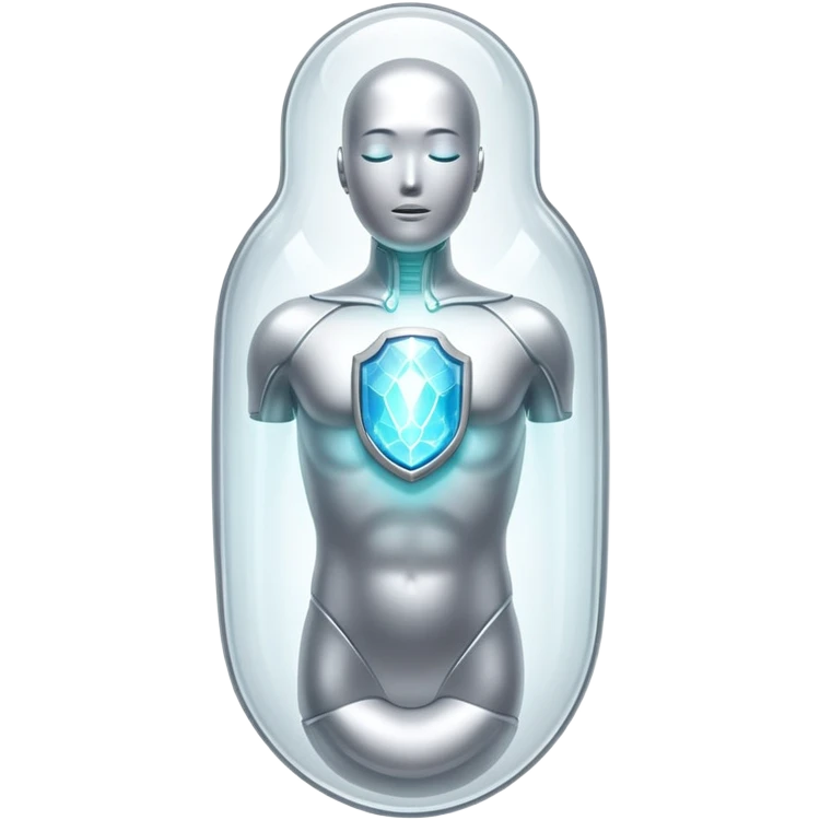 Silver semi-transparent capsule floating next to an ethereal glowing immune system figure, with a small shining shield over a luminous thyroid gland emoji