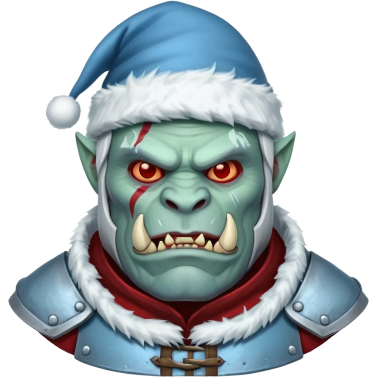 
Fantasy Christmas orc legion soldier icon, iron tundra army theme, heavy winter armor, disciplined brutal look, icy blue steel armor with deep crimson accents, frozen metal texture, cold winter atmosphere, male variant emoji