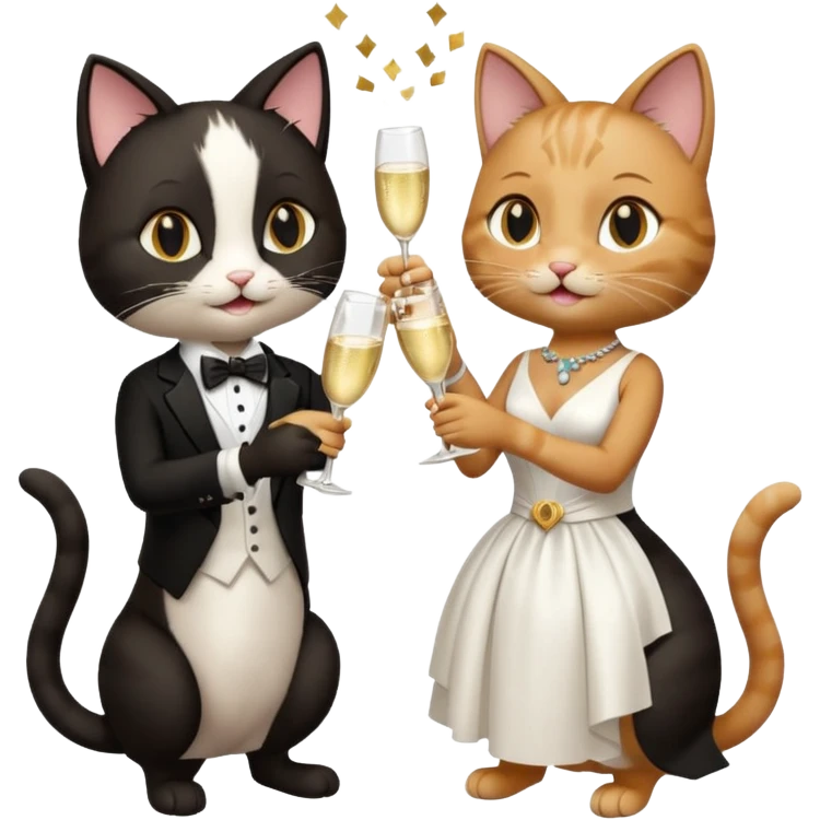 two happy cats getting married with champagne glasses emoji