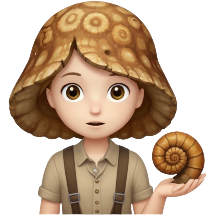 Shelly has a small, chibi-style body with a large ammonite-shaped head that looks like a beige fossil shell. One side of her head has a dark opening, making it clear she isn’t human. Her face is simple and soft, with big round eyes. She wears a brown suspender outfit over a lighter shirt emoji