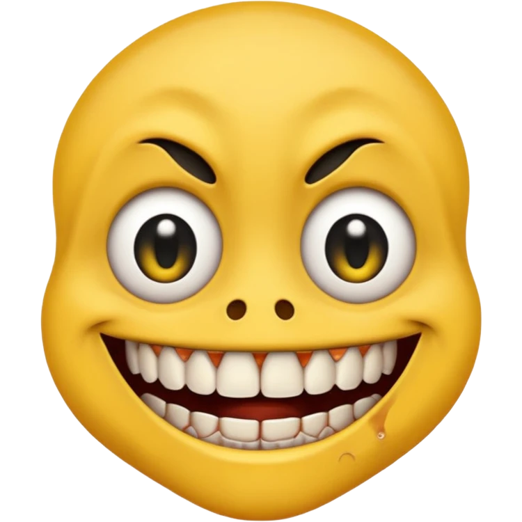 Yellow face emoji with only two teeth white and the rest of the teeth black and rotten, scars on the face and eyes wide with black pupils emoji