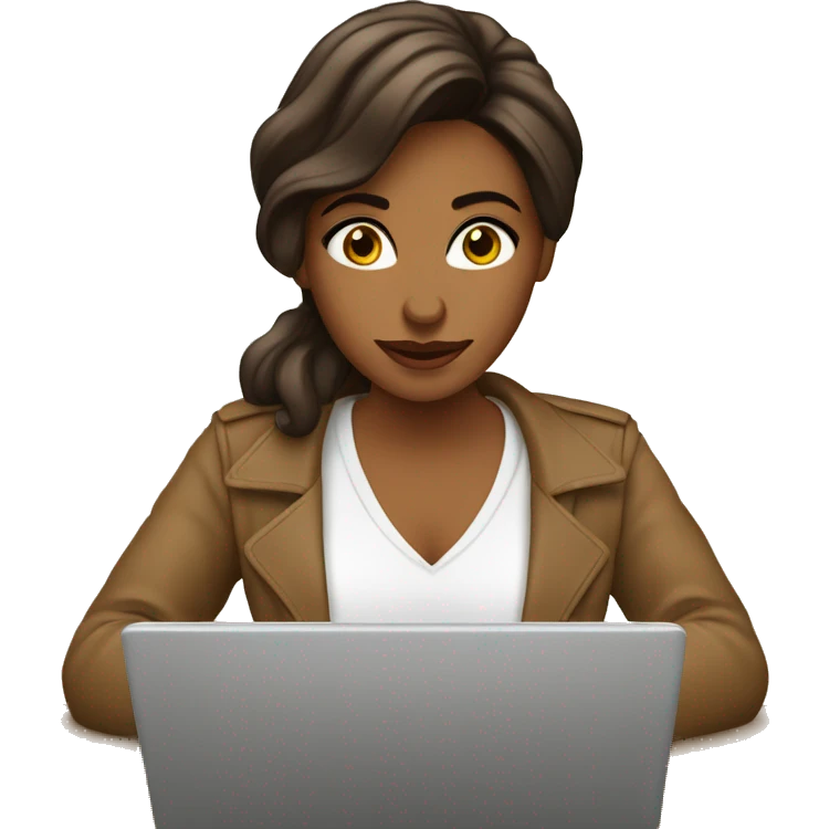 mujer cabello castaño y ojos cafe con laptop en mano emoji