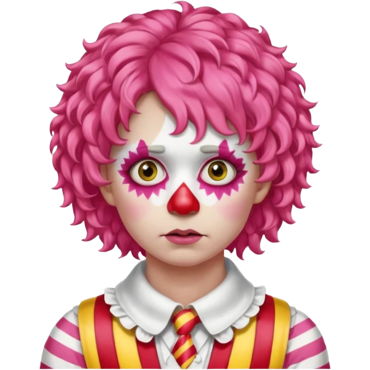 Pink curly wig.

White face paint with red nose and makeup.

Wearing a red-and-yellow striped costume with a white collar.

Wide-eyed, sad expression. emoji