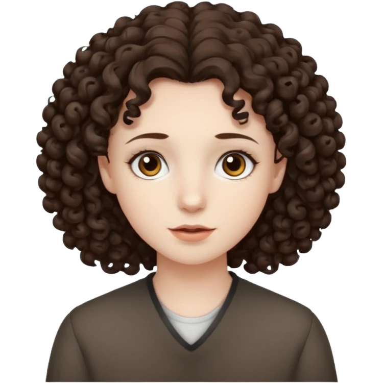 Pale skin, curly dark brown hair, medium brown eyes. emoji