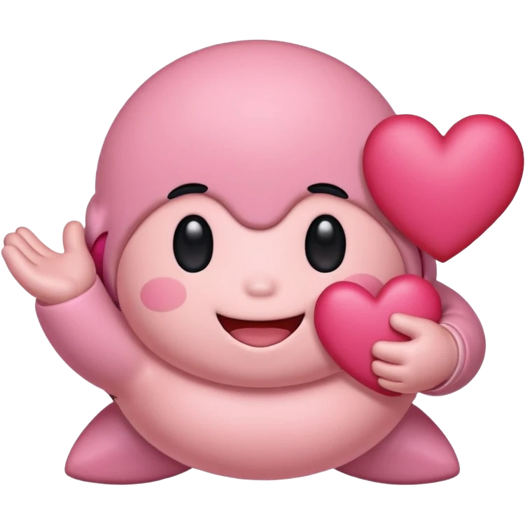 create a chibi sticker of Kirby smiling with a heart in his hands emoji