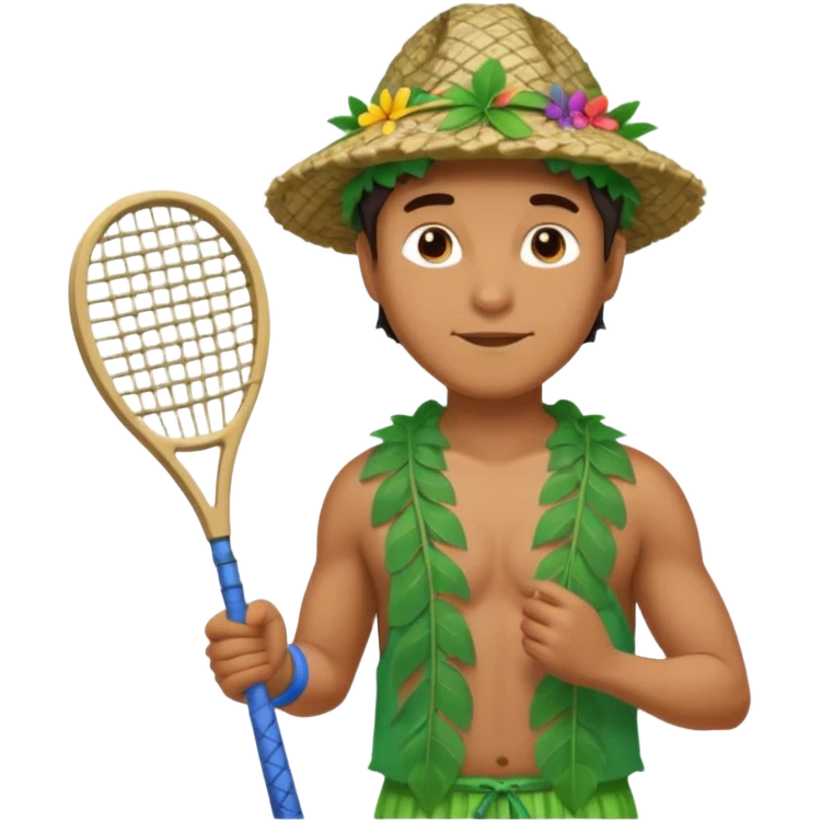 Hawaiian man with leaf hat and big net racket and colorful cloth emoji
