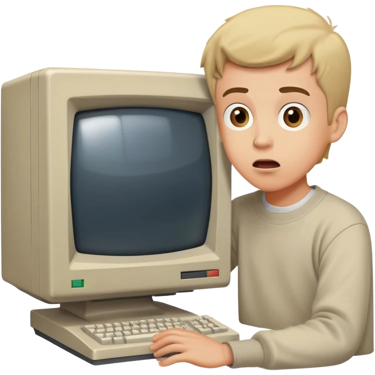 Young man with surprised expression looking at a very old, bulky desktop computer from the 1990s with CRT monitor emoji