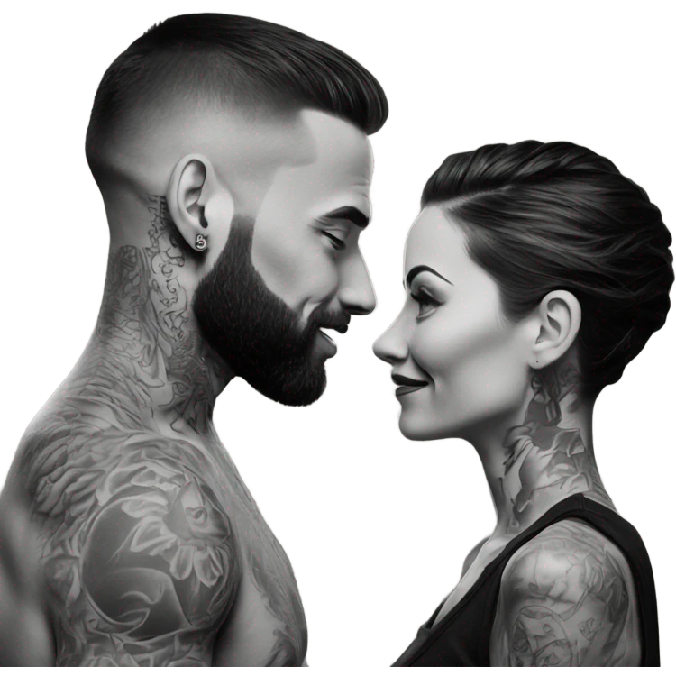 Intimate conversation between realistic tattooed model couple  emoji