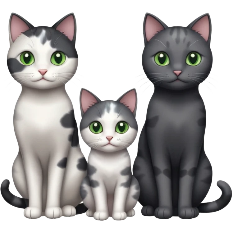 3 different coloured small cats including a dark grey and white, and a patchy calico and a completely solid dark grey with green eyes and only white paws emoji