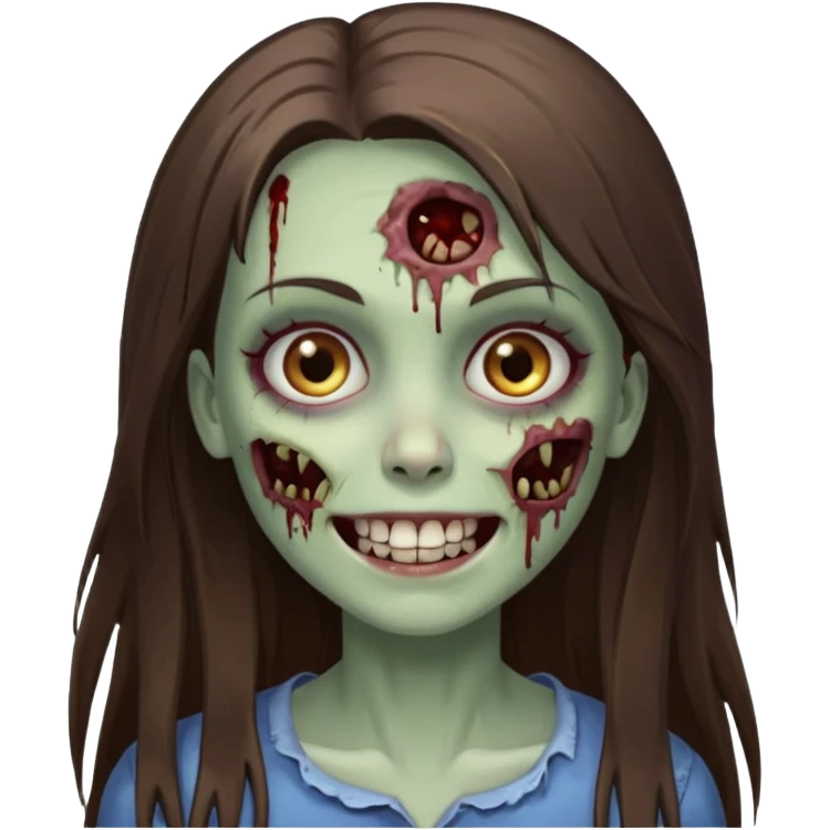a zumbi girl with long brunette straight hair and light brown eyes, she is happy and beautiful  emoji