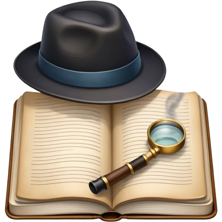 Icon for Detective Reading: an open book with a magnifying glass, a detective’s hat, and a notebook with clues, surrounded by dark shadows and mysterious elements like footprints and a smoking pipe. Transparent background. emoji