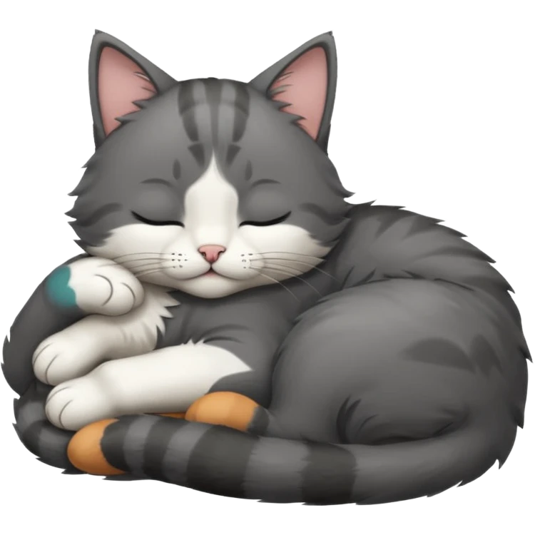 dark grey and white small cat with closed eyes, leaning his head on his paw while leaning on his elbow lying down emoji