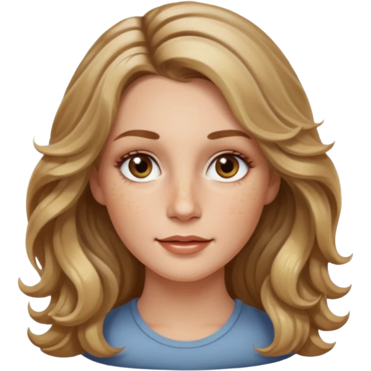 long dark Blond with highlights wavy hair white women, oval shape face hazel eyes long lashes little bit of freckles high cheek bones emoji