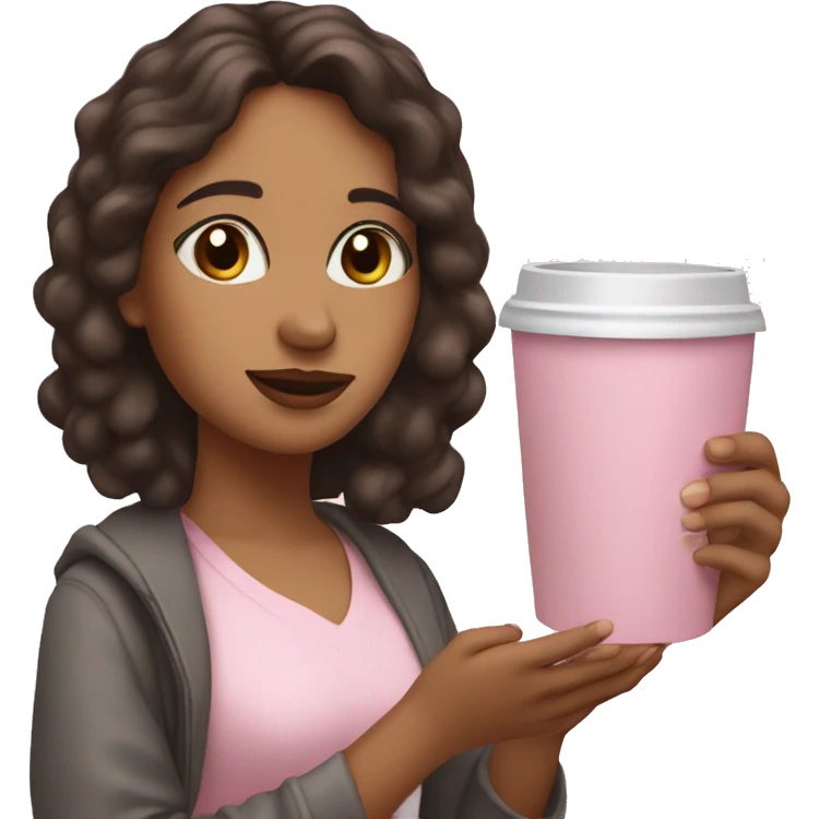 Latina girl holding a light pink Bible in one hand and a coffee in the other hand emoji