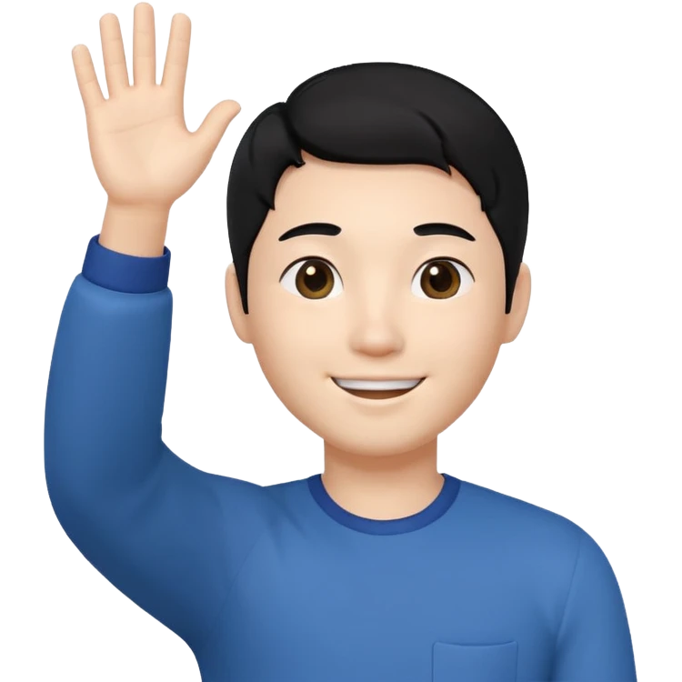 귀엽게 생긴 검정머리 피부하얀 한국 남자, 상반신 다 보이고, 한손 흔들고 있음 3D 생성 emoji