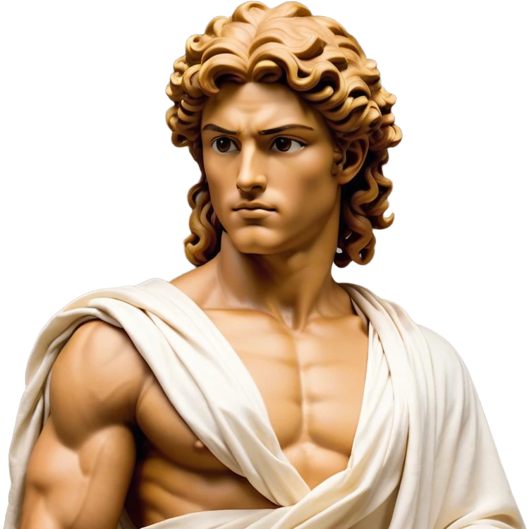 Cinematic Realistic Hercules Portrait, depicted as a classical Greek hero merging the fierce masculinity of Hercules with the refined face of Michelangelo's David. His light tan, chiseled skin glows with timeless strength, and his thick, curly, golden brown hair cascades in natural, sculpted curls reminiscent of a warrior’s mane. Draped in a flowing white robe with delicate golden accents and crowned with a traditional Greek laurel wreath, his intense, determined eyes exude noble might, all rendered under dynamic natural lighting with a mythic, radiant glow. emoji