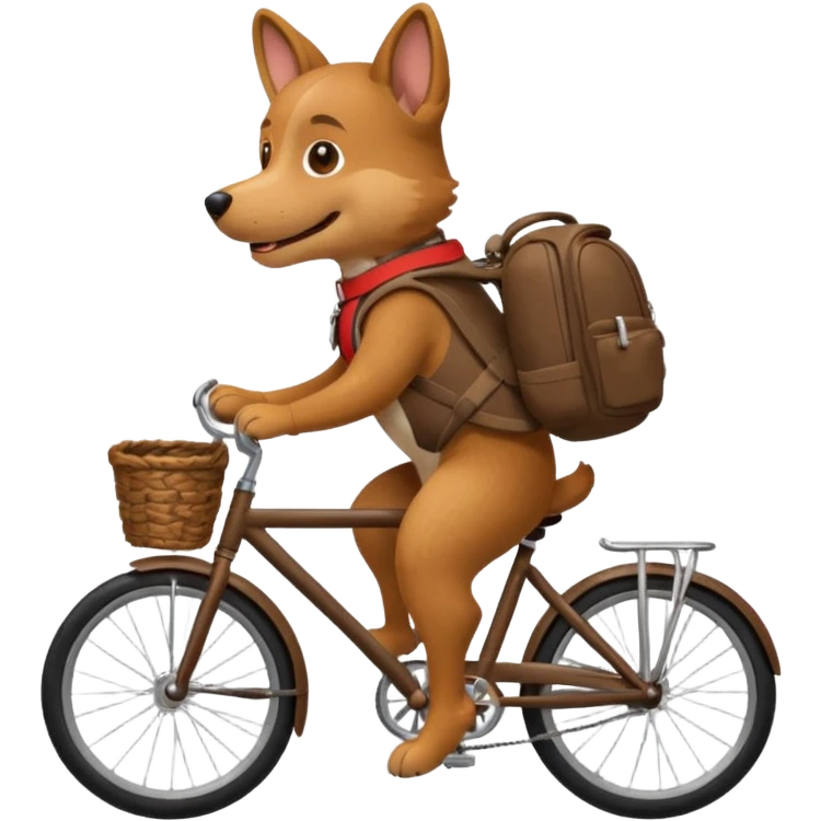 A dog is riding a bicycle and wearing a backpack. emoji