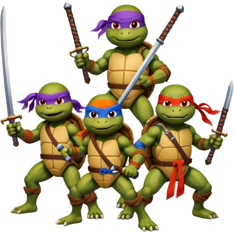 Vector emoji sticker of 4 Ninja Turtles: Leo (blue/swords), Raph (red/sais), Donnie (purple/staff), and Mikey (orange/nunchucks). Action poses, NYC rooftop, pizza box, bold comic style, white border. ONLY 4! emoji