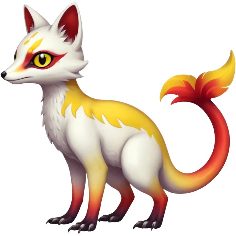  Hyper-realistic oily smooth silky soft White white with red gradients, and yellow slit eyes markings beautiful handsome gorgeous aesthetic colorful vibrant Vernid-Trico-species-Fakemon-creature by LiLaiRa, 4 legs, 1 tail, random markings, (full body) emoji