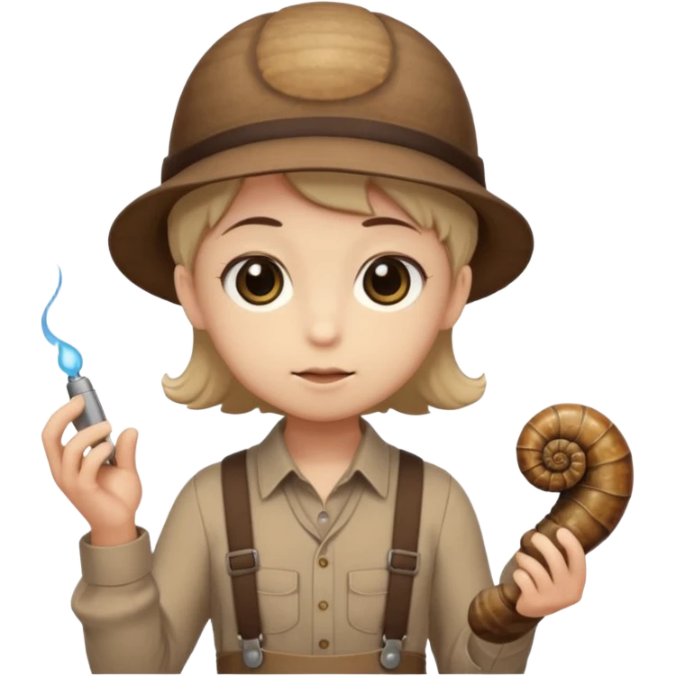 Shelly has a small, chibi-style body with a large ammonite-shaped head that looks like a beige fossil shell. One side of her head has a dark opening, making it clear she isn’t human. Her face is simple and soft, with big round eyes. She wears a brown suspender outfit over a lighter shirt emoji