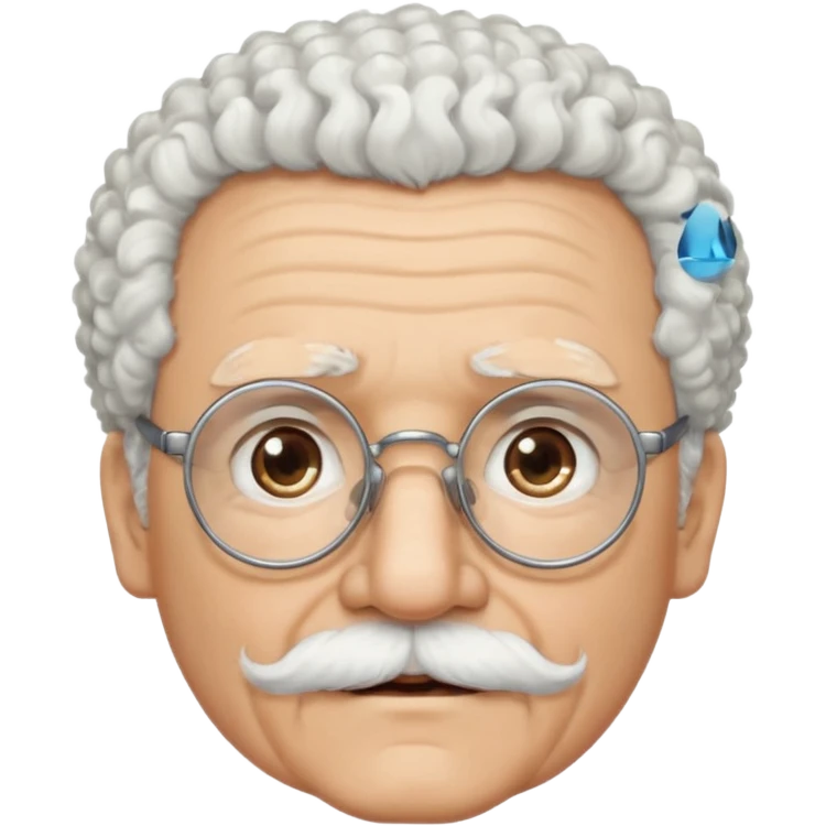 An elderly man emoji with light skin, fluffy curly white hair, thick white eyebrows, brown eyes behind black-framed glasses, a narrow pointed face, and a thin straight white mustache above his mouth. emoji