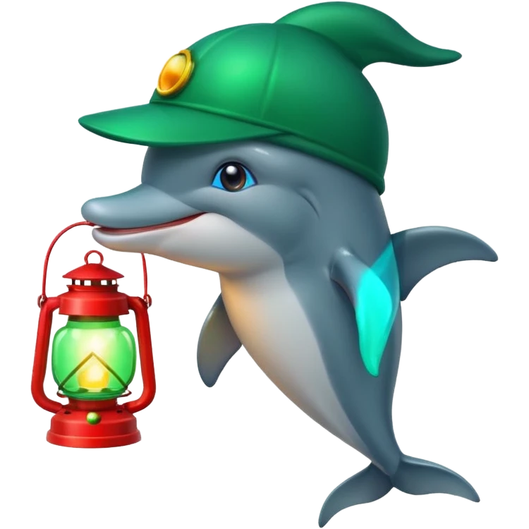 dolphin wearing green hat and a lantern with red light emoji