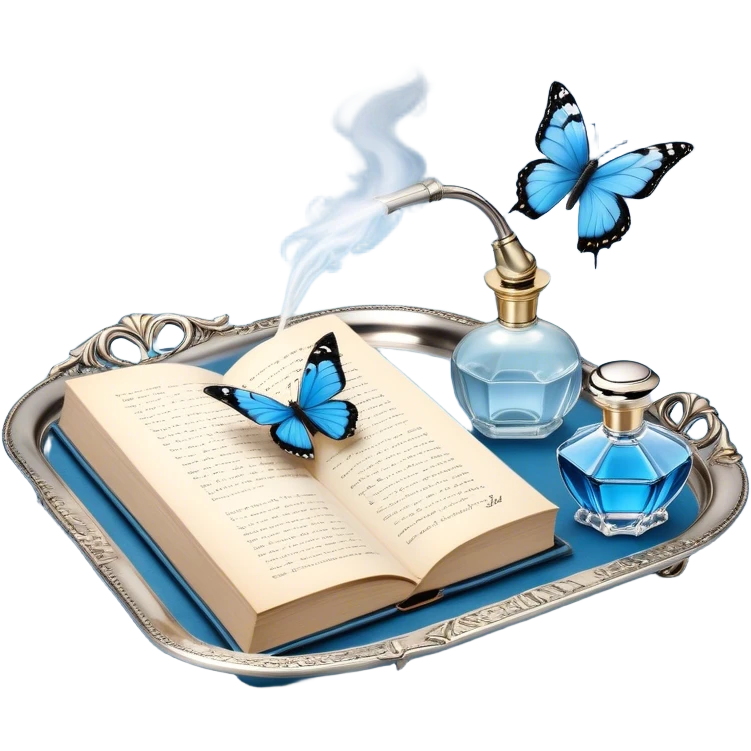 A silver-plated tray with an intricate floral pattern holds an open book of poetry, a folded love letter, and a vintage perfume bottle with a golden atomizer. A single blue butterfly is captured mid-flight, adding a touch of quiet magic to the scene. emoji