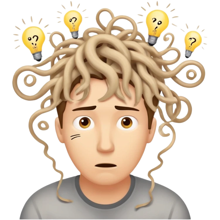 Person with a chaotic mind, swirling tornado of tangled thoughts around their head, containing question marks, light bulbs, and scribbles. The person has a bewildered, overwhelmed expression. emoji