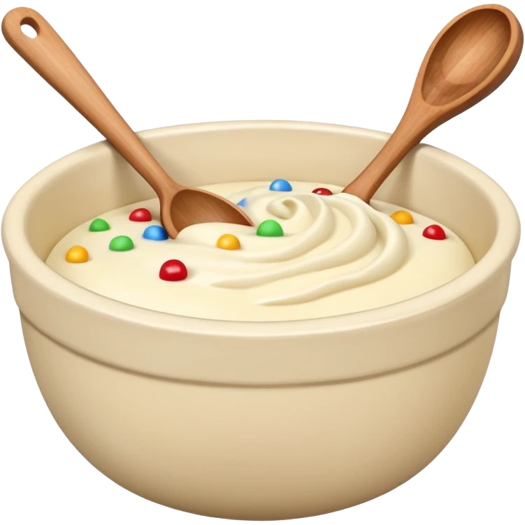 a cream ceramic mixing bowl with a wooden spoon stirring emoji