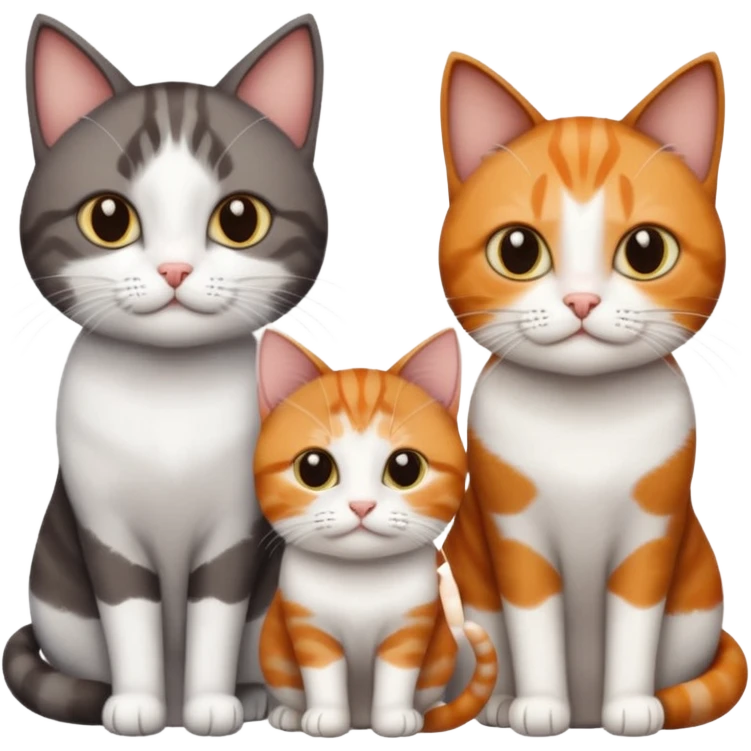 3 different coloured short haired cats including; a dark brown tabby and white cat, and a dark grey and white and a ginger and white emoji