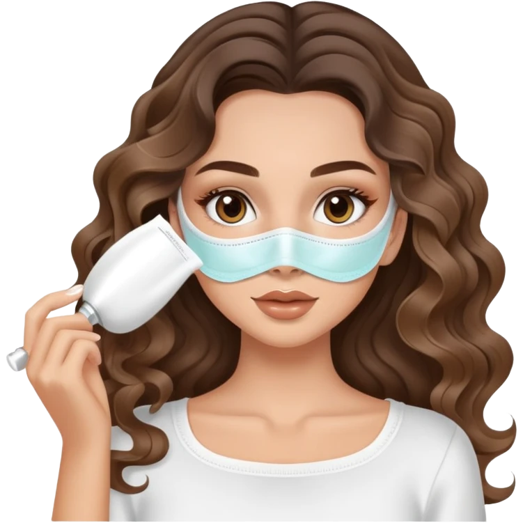 beautiful brunette with a light balayage white girl with nice curls/defined waves, very long hair, clean girl makeup APPLYING A FACE MASK FOR SELFCARE emoji