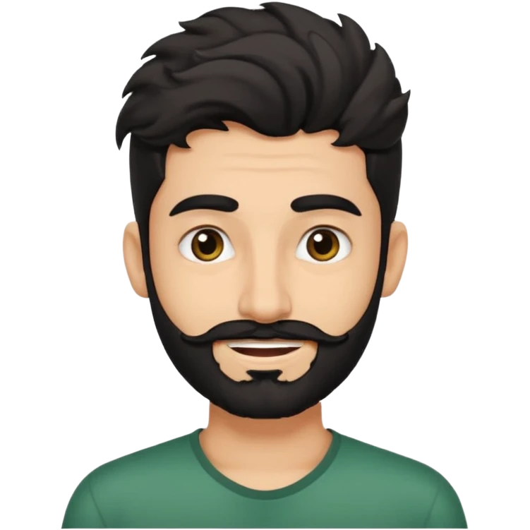 young fair skin Pakistani man smiling with black beard, wavy hair pushed back and squinted eyes and thick eyebrows emoji