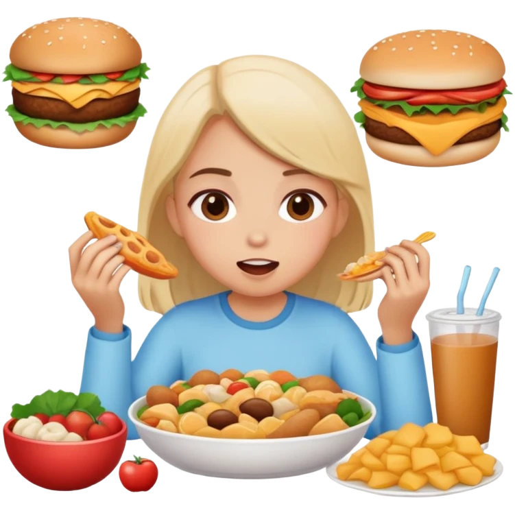 Девушка кушает много еды emoji