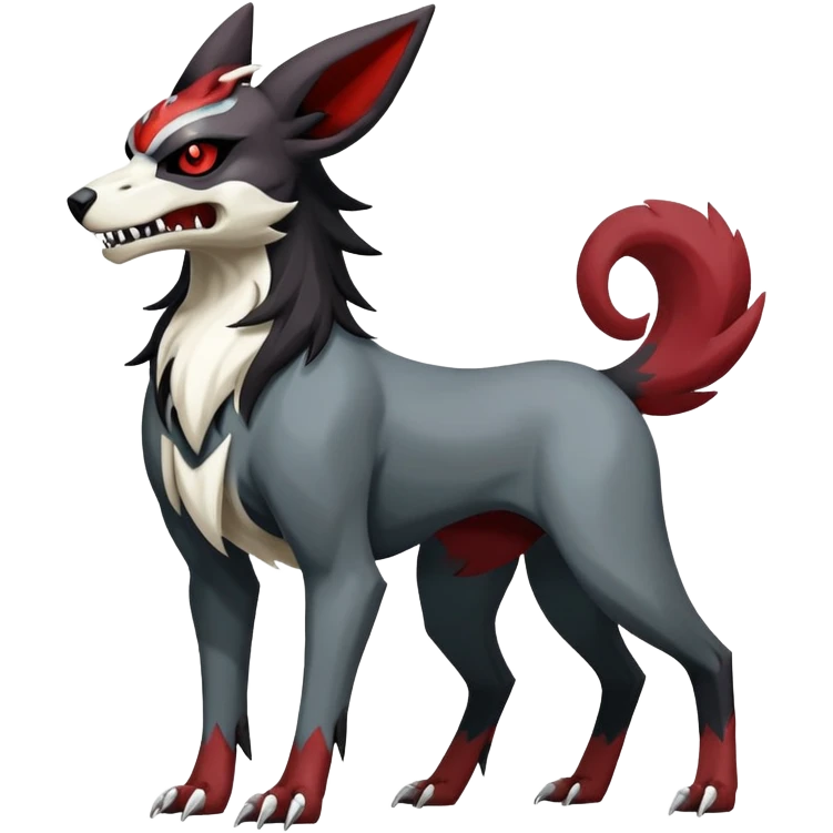 Shiny Exotic Excessive Mysterious Houndoom-Mightyena-Zorua-Zoroark-Zangoose-Houndour-Pokémon-Fakémon-hybrid-creature (full body) with a dog-skull emoji