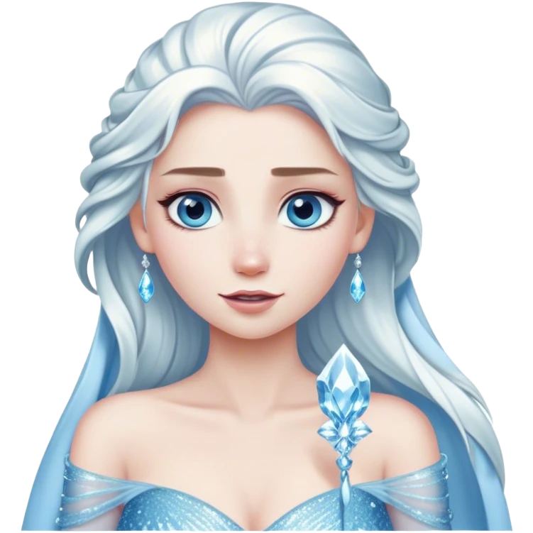 Cinematic Elegant Snow Queen Portrait Emoji, rendered in a realistic, vector-style with minimal shading and bold, simplified shapes. Depict Elsa (chest and above) with icy pale skin, long flowing platinum hair, and piercing blue eyes that exude quiet power, dressed in a shimmering ice-blue gown. The image glows with a soft, frosty radiance and high shine, capturing her ethereal, regal beauty. emoji