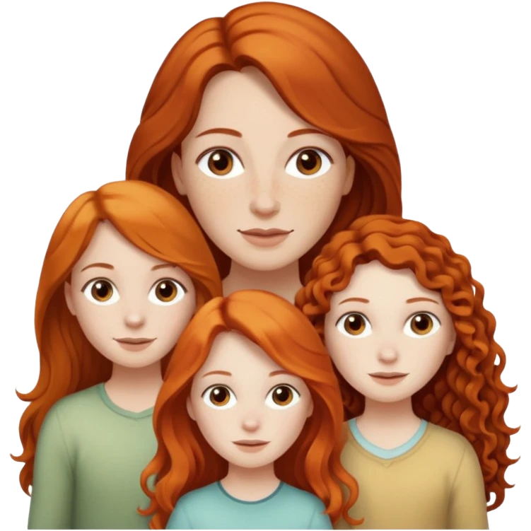 Give me a mom with long neutral brown hair, white skin. Then make daughters, the first one with pale skin, freckles, long orange hair. The other has long dark curly brunette hair with slightly tanner skin, but still caucasian. emoji