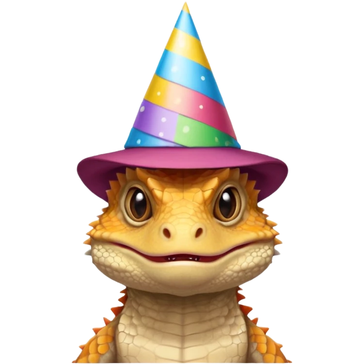 Grumpy, unhappy bearded dragon with a birthday hat emoji