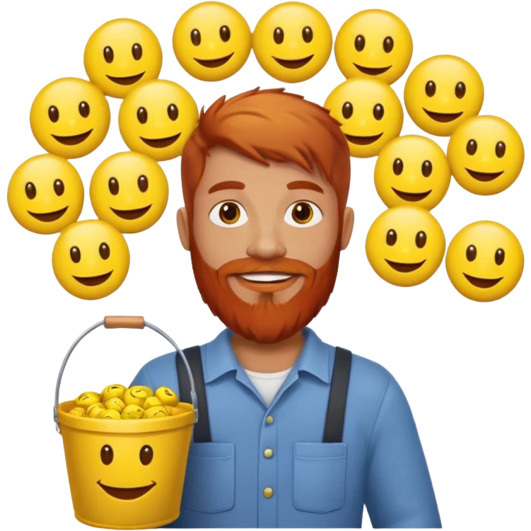 Man with red beard carrying bucket of yellow smiley face emoji