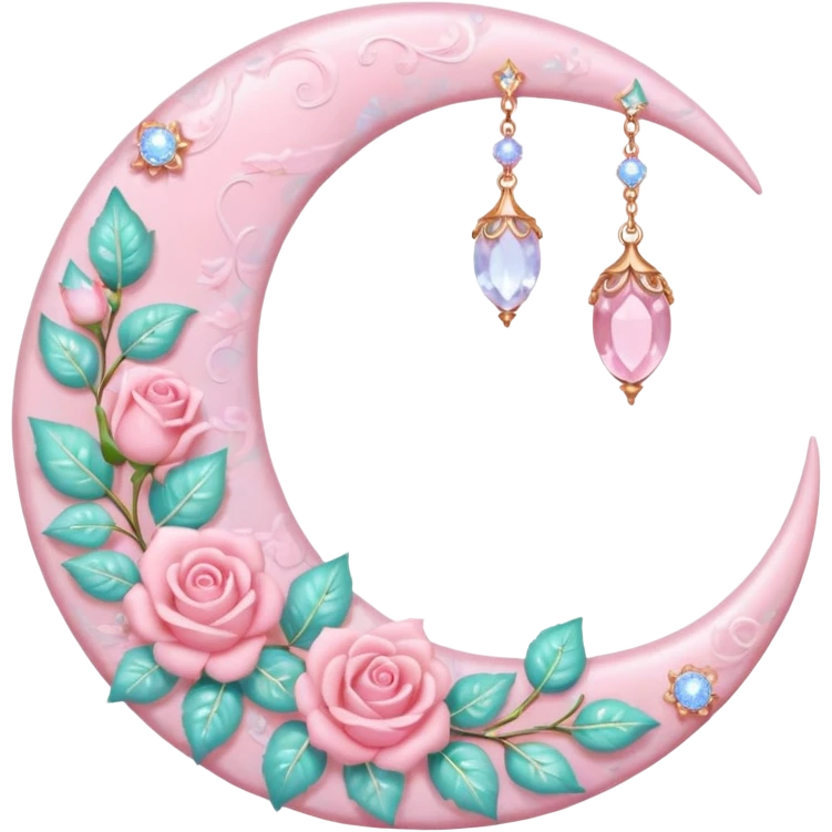 Rosy shiny glossy sparkly romantic pastel crescent damask moon with rose quartz pastel vines pastel gems pastel beads  emoji