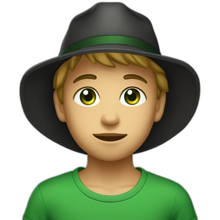A boy with green eyes, wearing a black Sun hat  and a green T-shirt with a black letter “G” on T.Shirt emoji