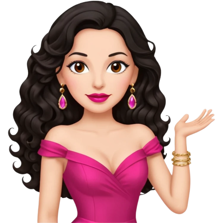 confident mature brunette woman, long black wavy hair, pink lipstick, red dance dress, big earrings emoji