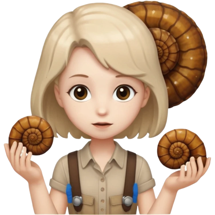 Shelly has a small, chibi-style body with a large ammonite-shaped head that looks like a beige fossil shell. One side of her head has a dark opening, making it clear she isn’t human. Her face is simple and soft, with big round eyes. She wears a brown suspender outfit over a lighter shirt emoji