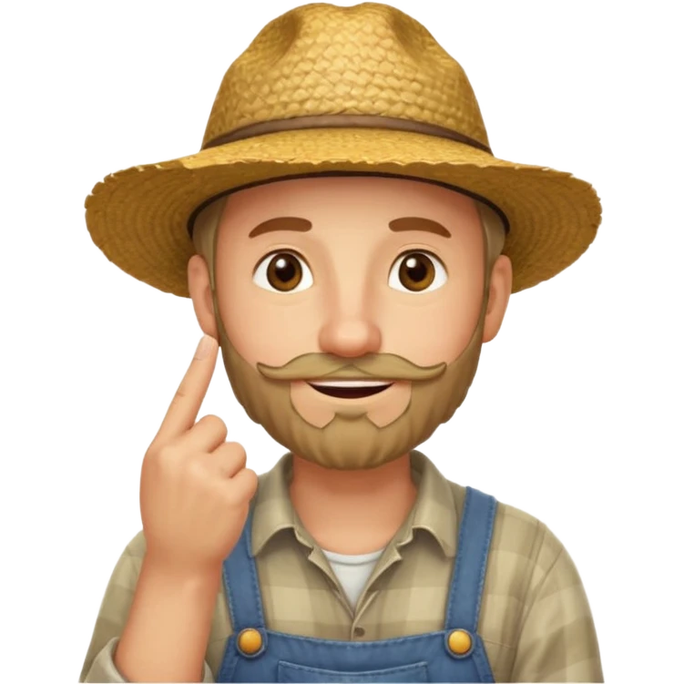 “A single emoji-style character combining 👨‍🌾😄 and 🤔: a smiling farmer man with a straw hat, friendly face, and light beard, holding one hand under his chin in a thinking gesture. His index finger rests under his face, eyes looking slightly upward as if thinking.  emoji