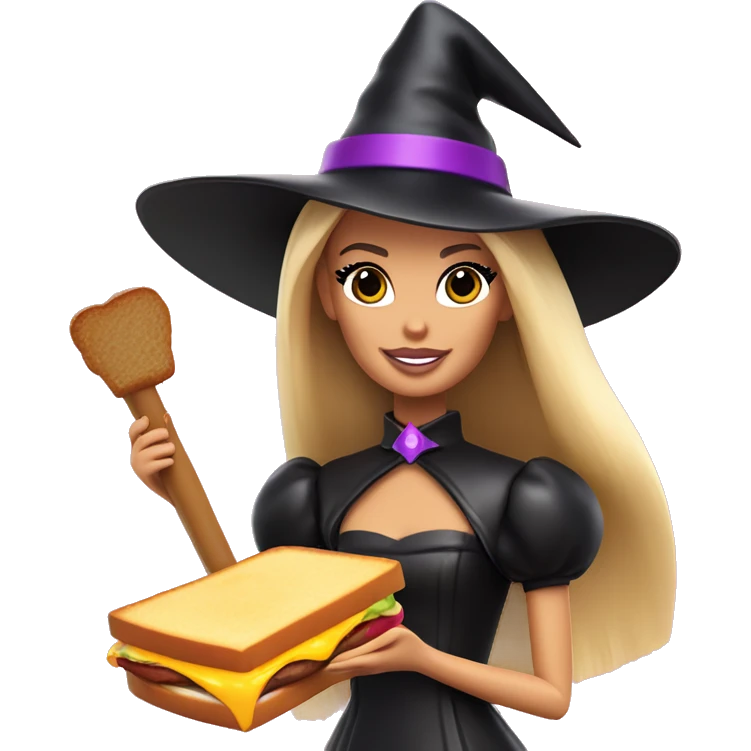 Barbie as a witch with a grilled cheese sandwich in one hand and a scepter in the other emoji