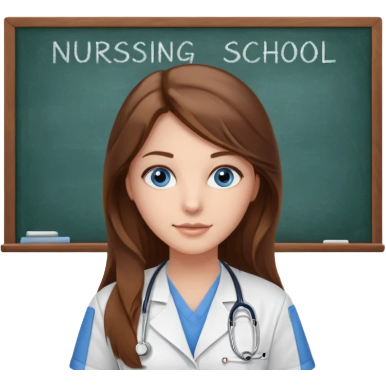 inside a classroom at university that says nursing school on the board with a pretty female nursing student with long brown hair, blue eyes emoji