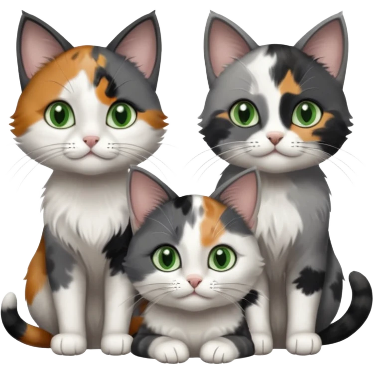 3 different coloured small cats including a dark grey and white, and a patchy calico and a completely solid dark grey with green eyes and only white paws emoji
