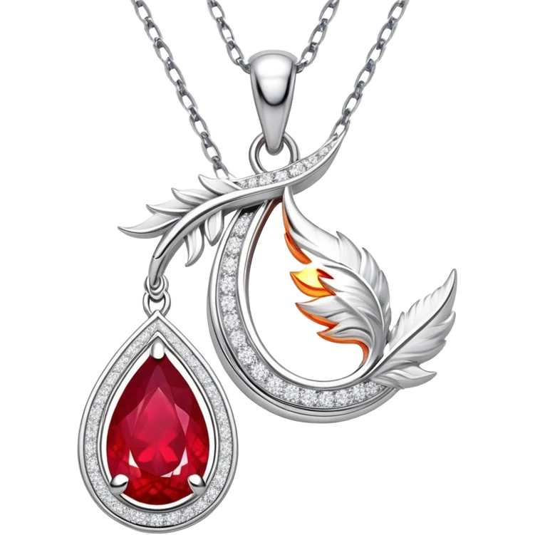 teardrop ruby pendant with fiery light, tiny phoenix feather emerging, haloed by shimmering white stones, silver chain like liquid moonlight emoji